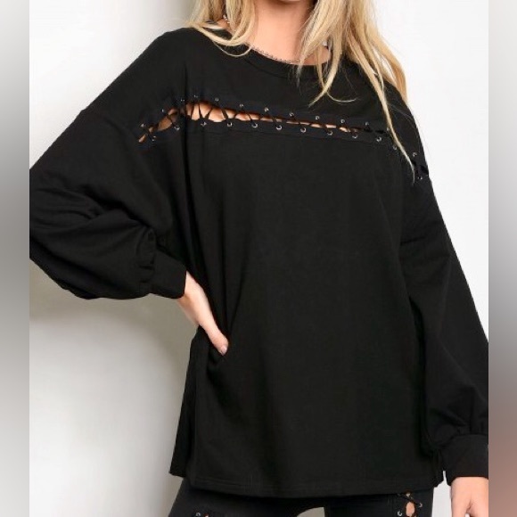 Very J Tops - Silver grommet punk black sweatshirt